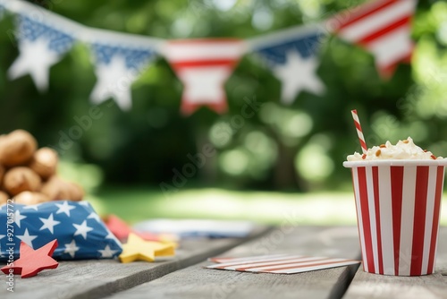 Patriotic celebration featuring a festive banner with stars and stripes, community gathering, copy space for text. photo