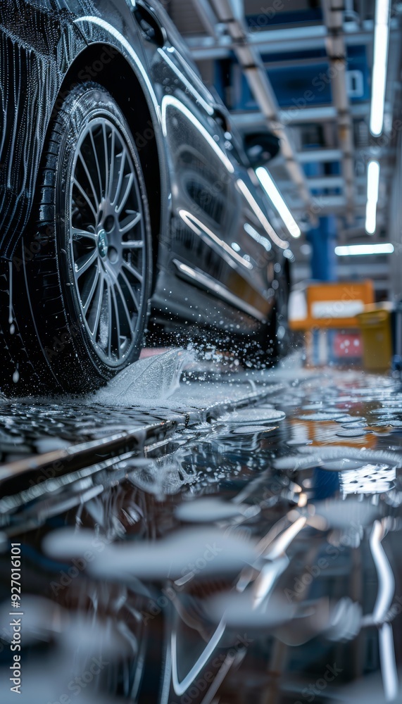 Fototapeta premium Professional Tire Washing in Modern Auto Detailing Shop - Close-Up of Care and Maintenance Process