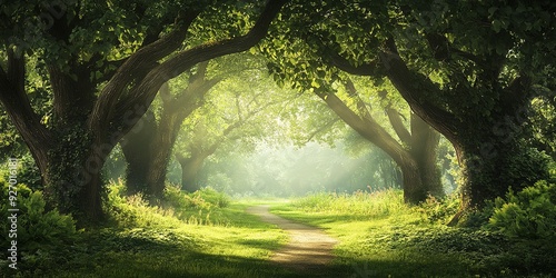 Fototapeta Naklejka Na Ścianę i Meble -  A beautiful fairytale enchanted forest with big trees and great vegetation. 