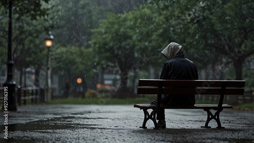 The impact of raindrops on a solitary figure's emotions during a moment of solitude ai_generated