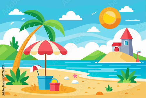 Beach Scene with Palm Tree, Umbrella, and Castle on an Island