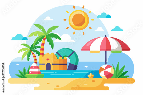 Summer Beach Scene with Palm Trees, Sandcastle, and Beach Umbrella photo