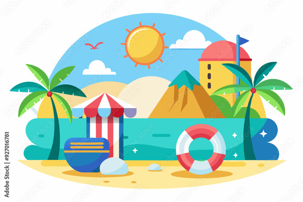 Obraz premium Summer Beach Scene with Palm Trees, Sun, and Life Ring