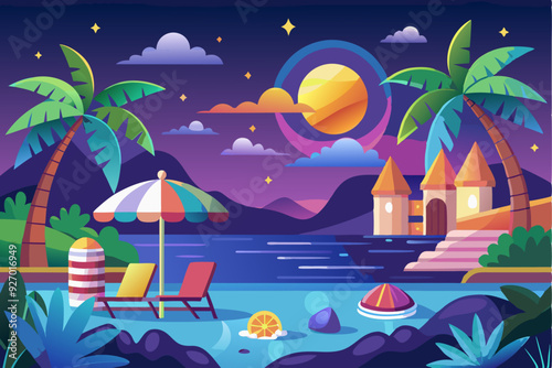 Tropical Nighttime Beach Scene with a Castle