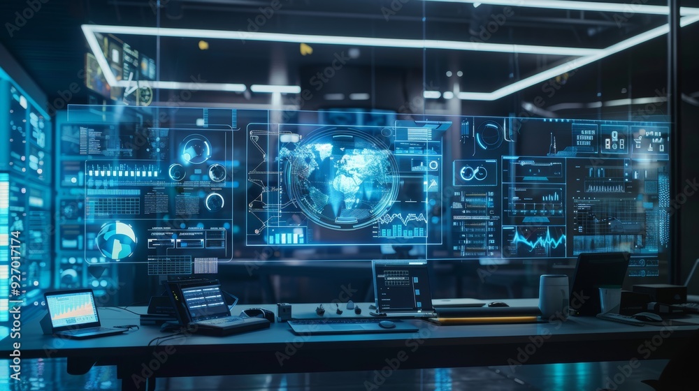 Futuristic Workspace with Cutting-Edge Cloud Storage and AI-Driven Data Management Tools