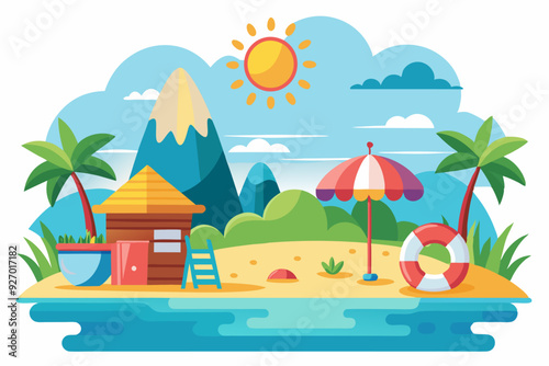 Tropical Beach Scene with Hut, Palm Trees, and a Lifebuoy