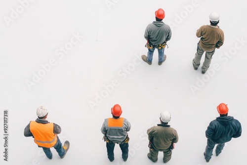 Top view of construction workers standing on white background photo