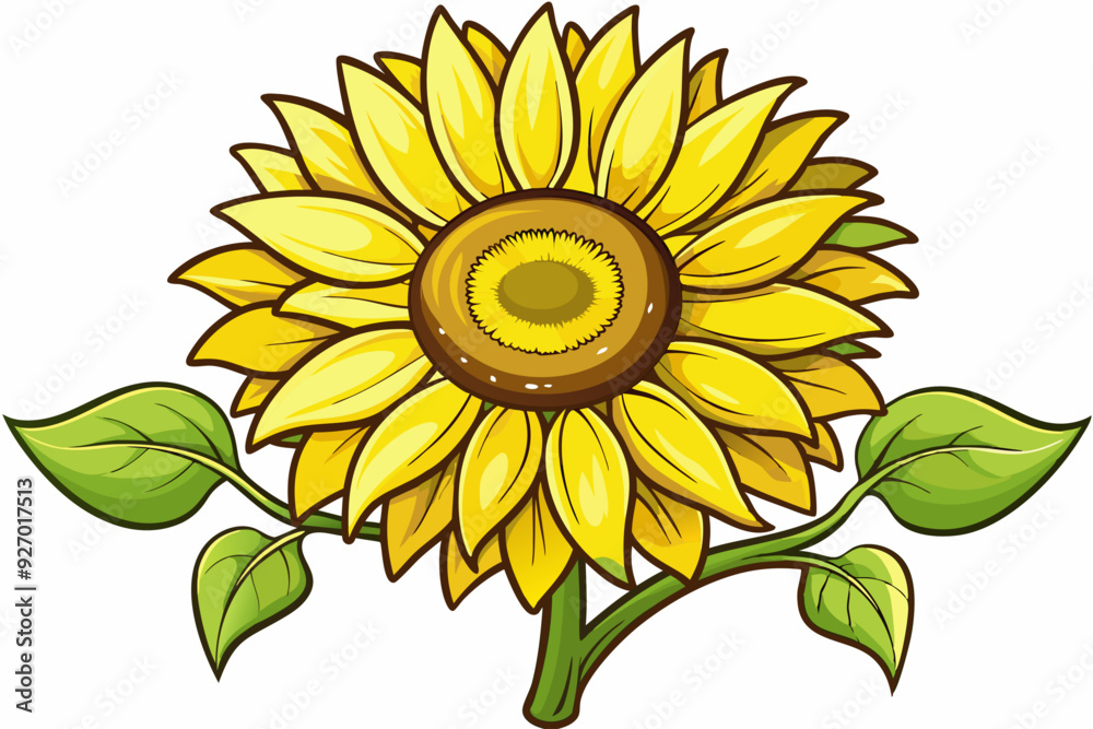 Fototapeta premium A Yellow Sunflower with Green Leaves and a Brown Center
