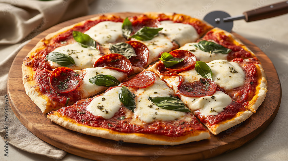 Freshly Baked Pepperoni Pizza with Mozzarella and Basil Freshly Baked Pepperoni Pizza with Mozzarella and Basil