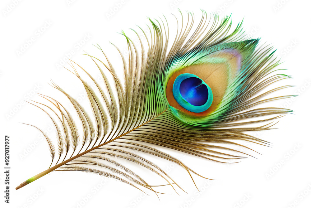 Obraz premium A Single Peacock Feather Isolated on White Background