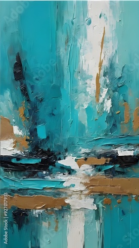 Vivid Turquoise Abstract Painting with Rough Oil Brushstrokes and Palette Knife Detailing. Vertical. Wallpaper