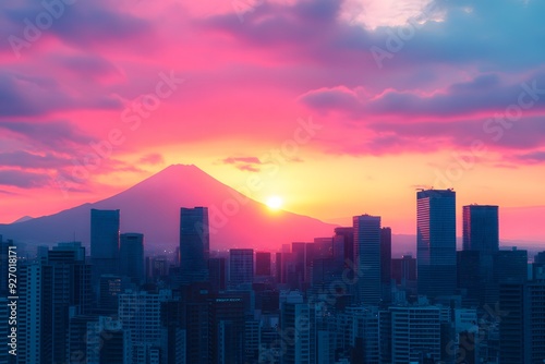 A majestic view of Mount Fuji at sunrise, with the iconic volcano silhouetted against a vibrant sky.
