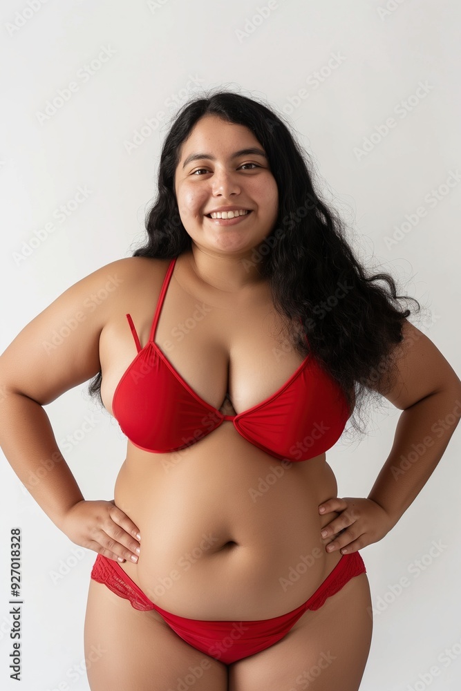 Plus-Size Woman Model in Red Bikini with Hands on Hips Plus-Size Woman Model in Red Bikini with Hands on Hips