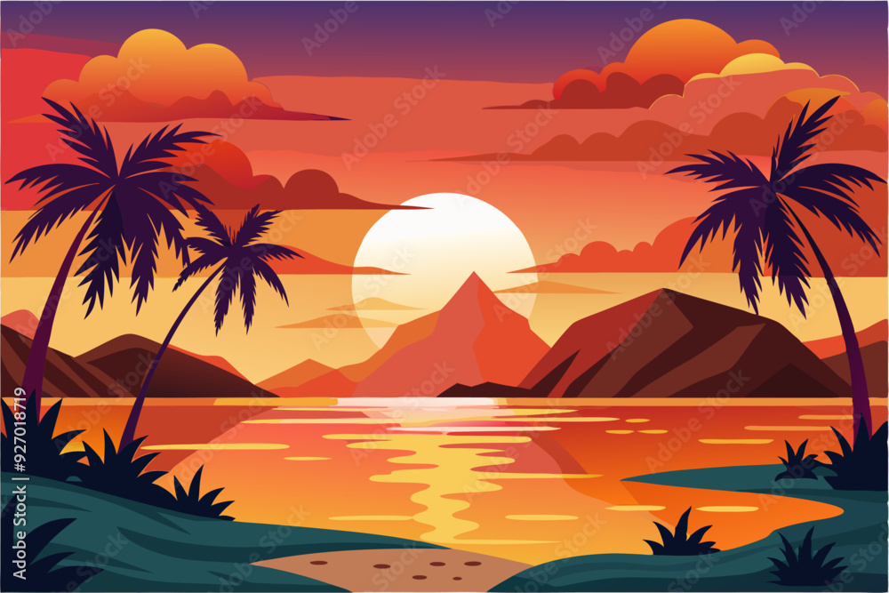 Fototapeta premium Sunset over a tranquil lake with palm trees and mountains