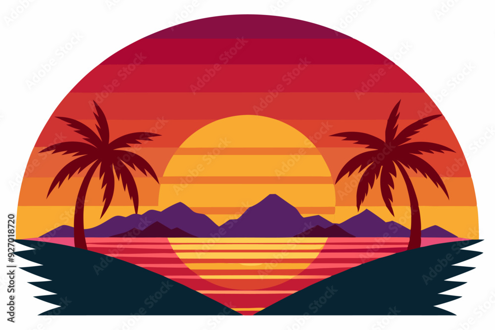 Palm Trees and Sunset Over Mountains and Ocean Palm Trees and Sunset Over Mountains and Ocean