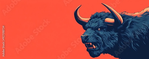 Angry bull with sharp horns on red background photo