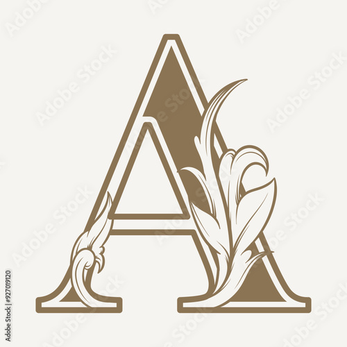 stylized fancy letter A with a leaf flower vintage ornament