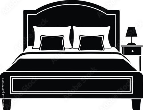 bed in a hotel silhouette illustration black and white