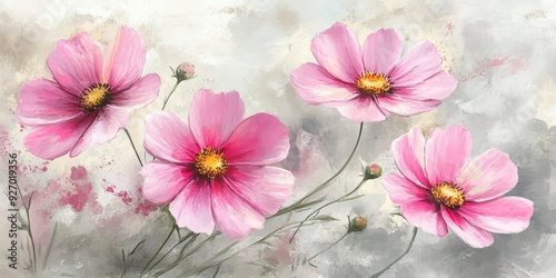 Pink cosmos flowers in watercolor with soft grey background