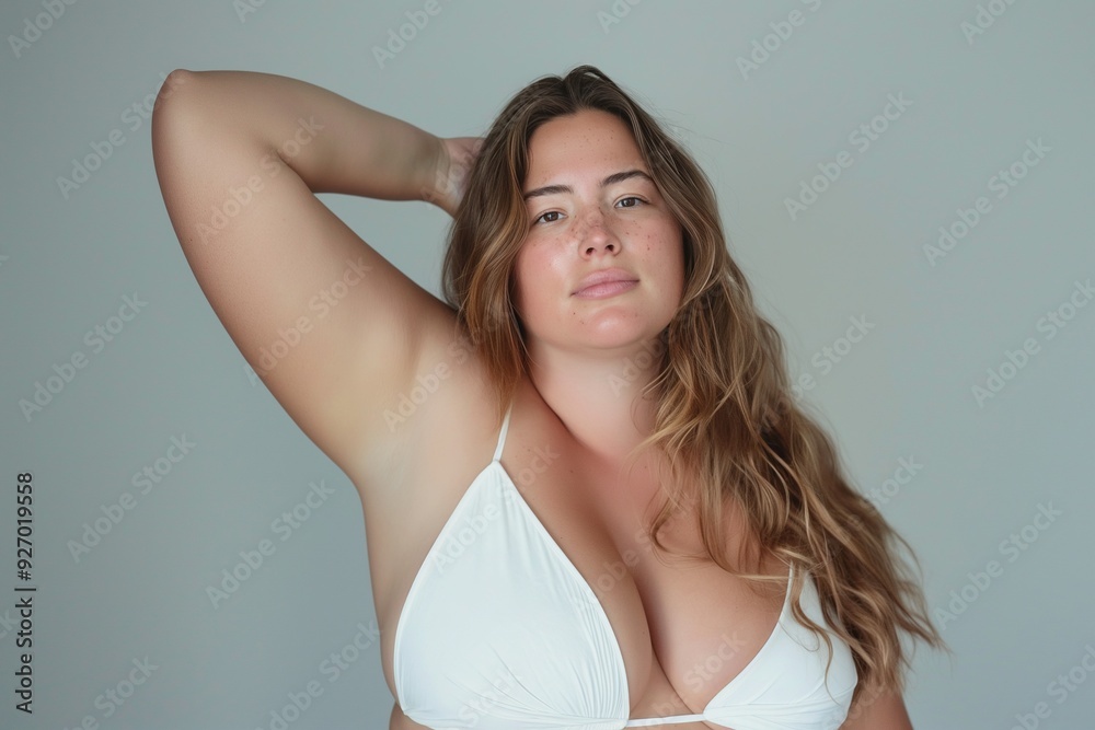 Young woman with freckles in white bikini top looking confidently at the camera. Young woman with freckles in white bikini top looking confidently at the camera.