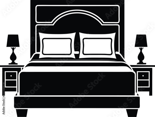 bed in a hotel silhouette illustration black and white