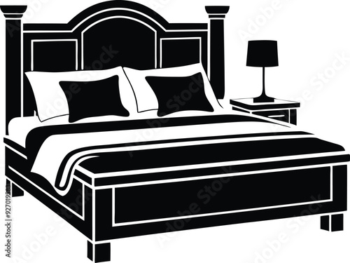 bed in a hotel silhouette illustration black and white