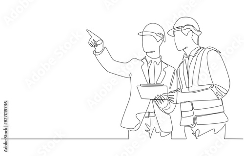 Continuous one line drawing of engineering manager discussing construction design with construction foreman, construction project concept, single line art.
