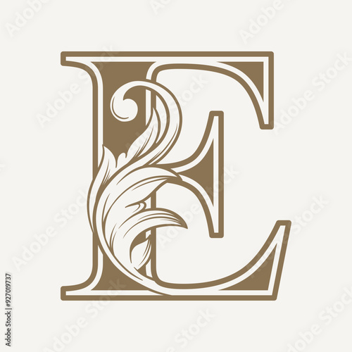 stylized fancy letter E with a leaf flower vintage ornament