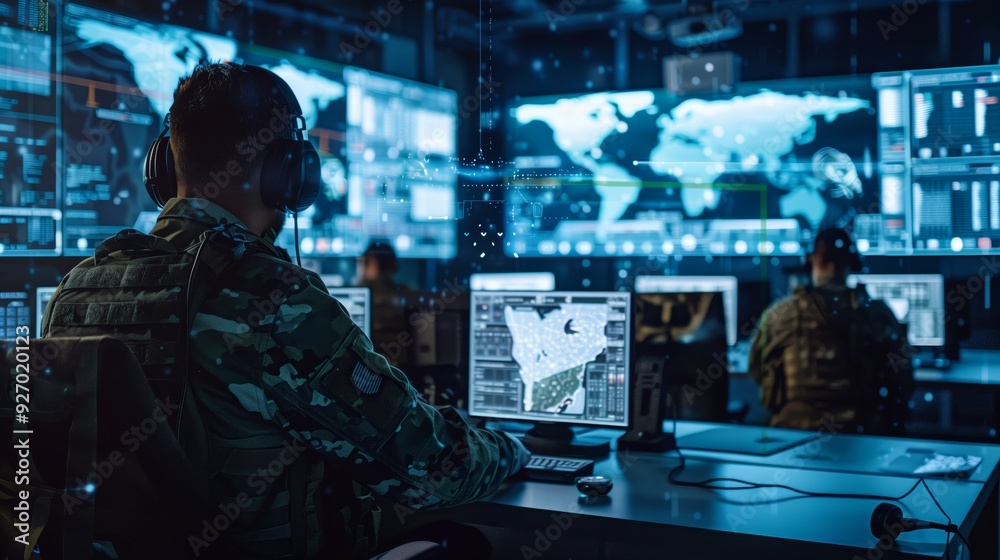 A military command center with soldiers and digital screens displaying maps A military command center with soldiers and digital screens displaying maps