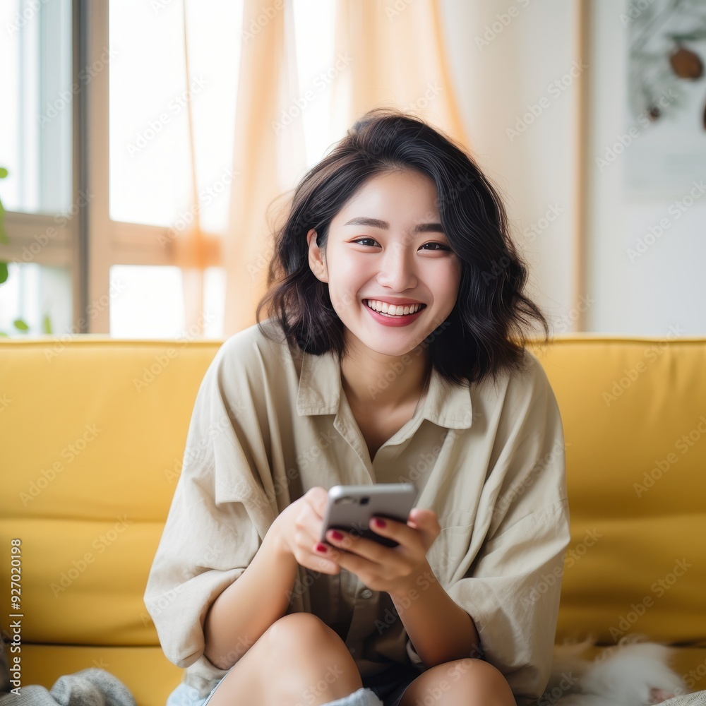 happy, smiling, chill, young asian woman looking mobile and sitting on sofa happy, smiling, chill, young asian woman looking mobile and sitting on sofa
