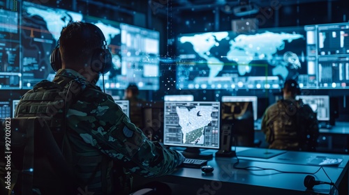 A military command center with soldiers and digital screens displaying maps