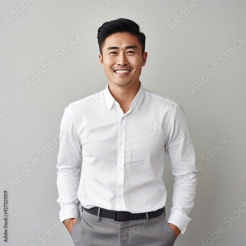 happy asian male 30 years old, standing, white backdrop