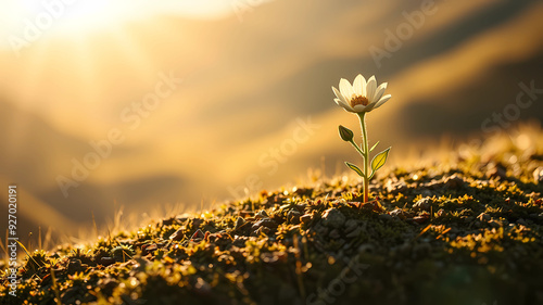 a small beautiful unrealistic sprout growing on the valley surrounded by the sun light, analog, camera, detailed composition, --ar 169 --v 5.2 the evolutional process of growing, painted by francis ba photo