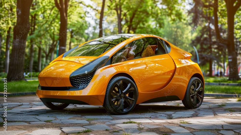 Eco-Friendly Compact Car with Vibrant Yellow Design in Urban Green Park Setting for Eco Transport Concepts Eco-Friendly Compact Car with Vibrant Yellow Design in Urban Green Park Setting for Eco Transport Concepts
