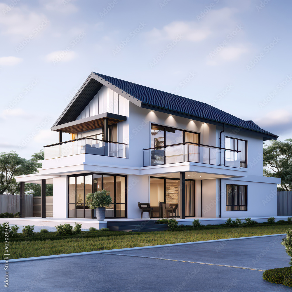 3D illustration, architecture, modern style two storey house, white, navy roof 3D illustration, architecture, modern style two storey house, white, navy roof