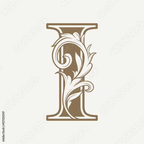 stylized fancy letter I with a leaf flower vintage ornament
