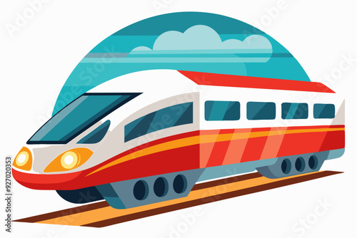 Red and White High-Speed Train on Tracks with Cloudy Sky