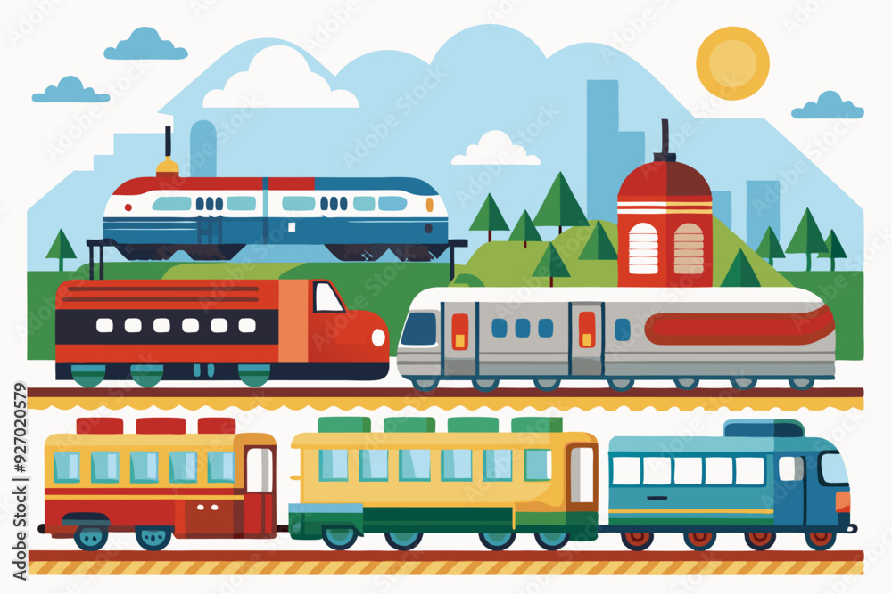 Four Cartoon Trains Traveling Through a Cityscape