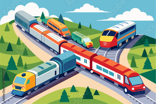 Colorful Trains and Buses Crossing Tracks in a Scenic Landscape
