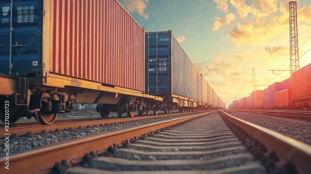 Fototapeta premium A freight train with a container on top, rolling on tracks, showcasing the importance of rail transport in global trade -