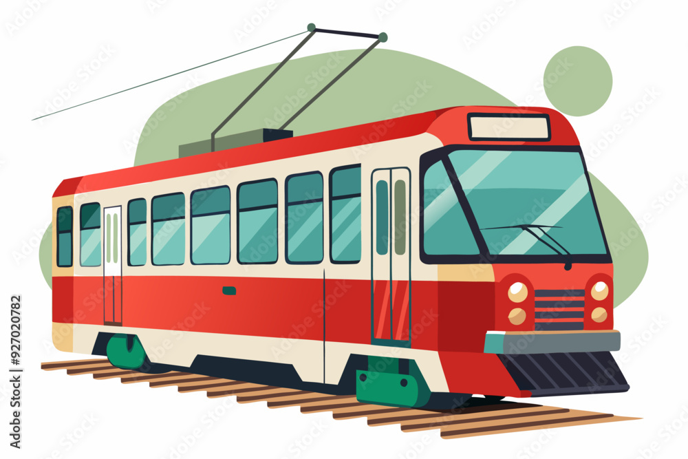 Naklejka premium Red and White Tram on Train Tracks