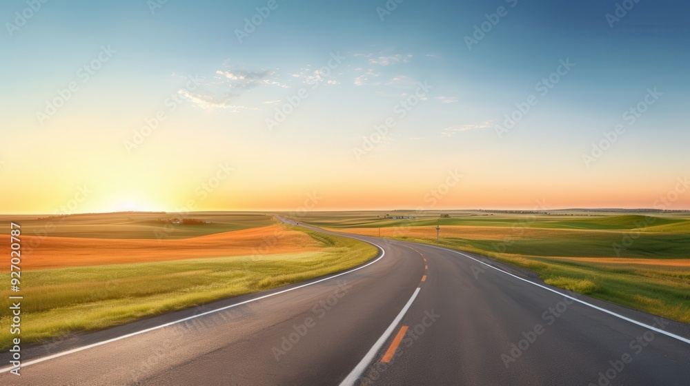 photo of empty curve landscape, clean road, grass, realistic, clear sky photo of empty curve landscape, clean road, grass, realistic, clear sky