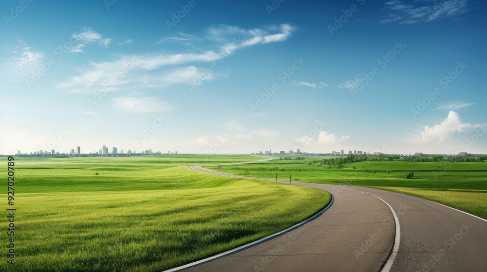 empty landscape, curve clean road, grass, realistic, clean sky empty landscape, curve clean road, grass, realistic, clean sky
