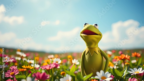 Kermit the frog, happy, light, surrounded by a blue sky on a flower field. A beautiful light theater stage with cinematic lighting, Ultra 4K HD. photo