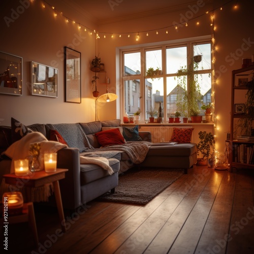 cozy living room, mid-century interior, wooden floor