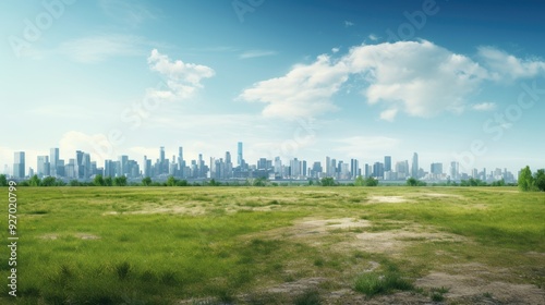 empty landscape, grass, realistic, clean sky, city