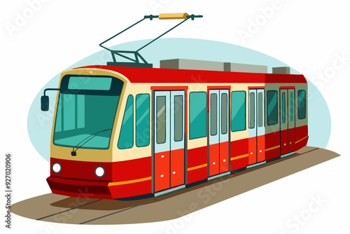 Cartoon Illustration of a Red and Cream Tram on Tracks