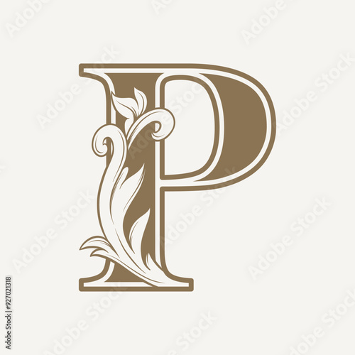 stylized fancy letter P with a leaf flower vintage ornament