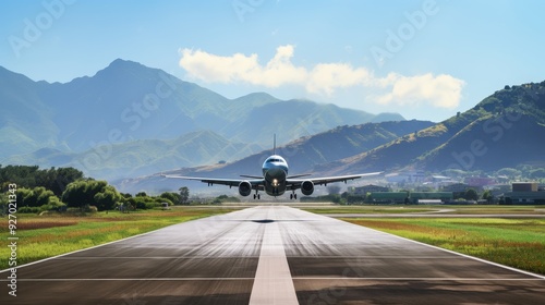 wide angle Aircraft taking off from the runway airport and mountain