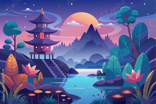 A Pagoda on a Hillside by a River Under a Night Sky
